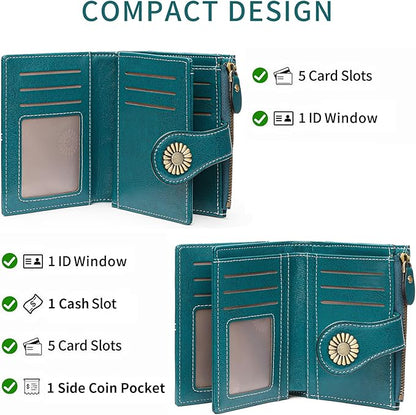 Small Women’s Leather Bifold Wallet with RFID & Zipper Coin Pocket