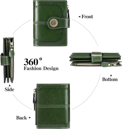 Small Women’s Leather Bifold Wallet with RFID & Zipper Coin Pocket